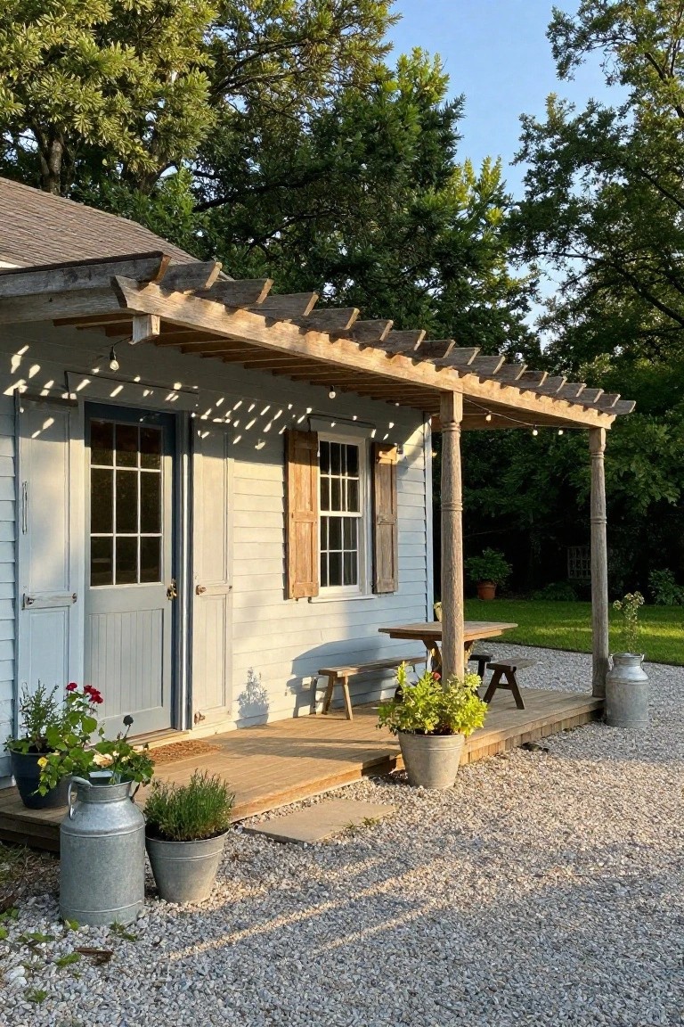 Small light blue clapboard shed with double doors, single window with shutters, weathered wood pergola over porch area, wooden table and benches, metal milk cans with plants on gravel ground, trees in background.