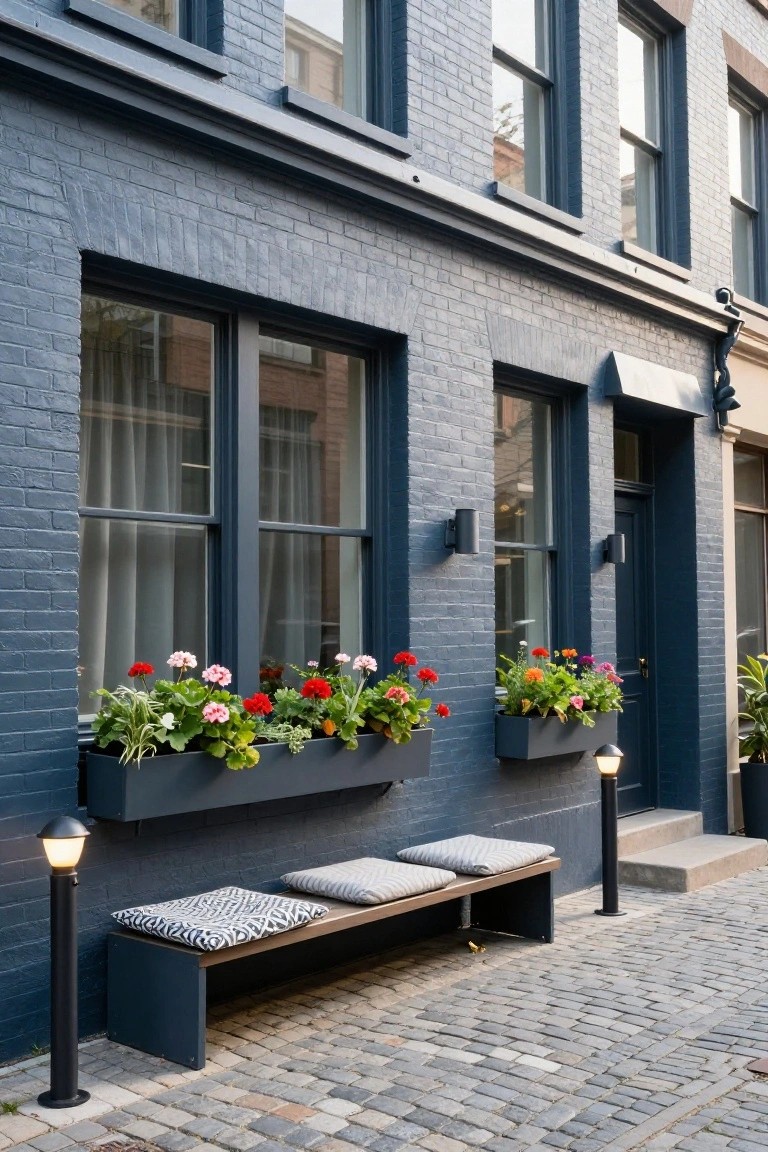 Navy blue painted brick townhouse exterior with window boxes of red and pink geraniums, a cushioned wooden bench, two lantern lights, and dark blue front door on a cobblestone path.