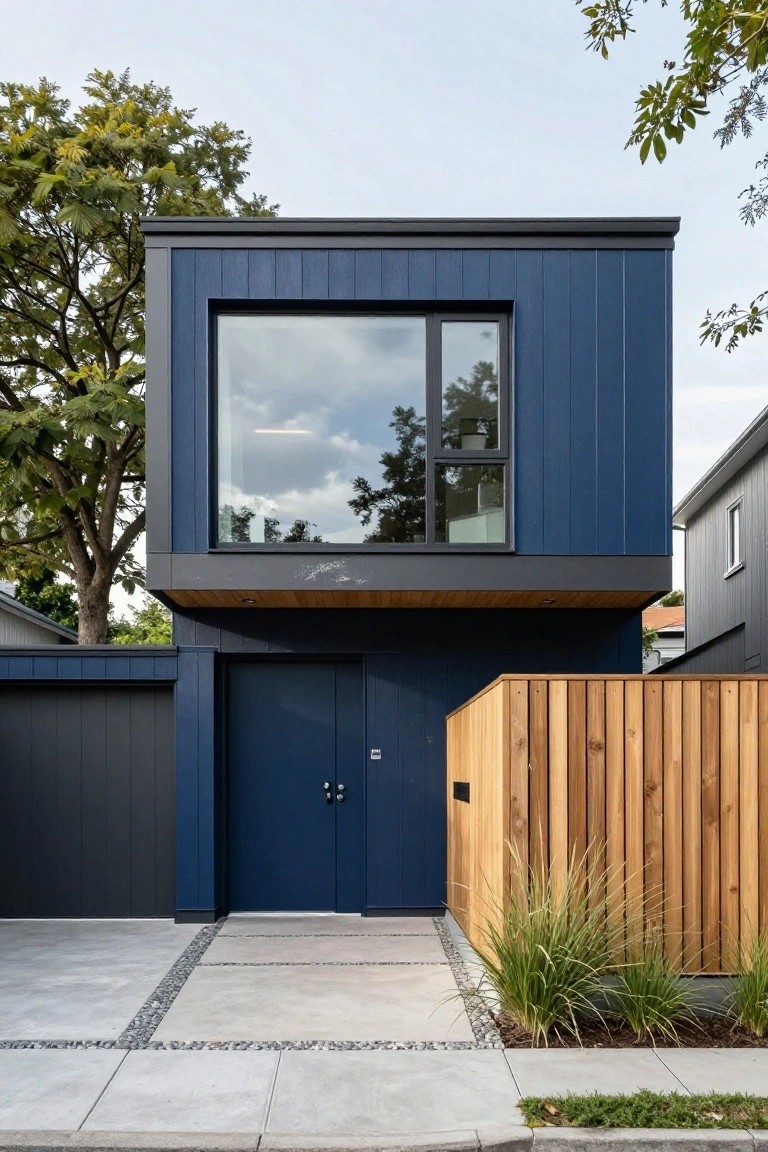 Modern boxy house exterior featuring navy blue vertical cladding, large rectangular window, navy blue double entry doors, adjacent charcoal grey garage door, cedar wood overhang and fence, concrete paver pathway with pebble borders, grasses, and large tree beside it.