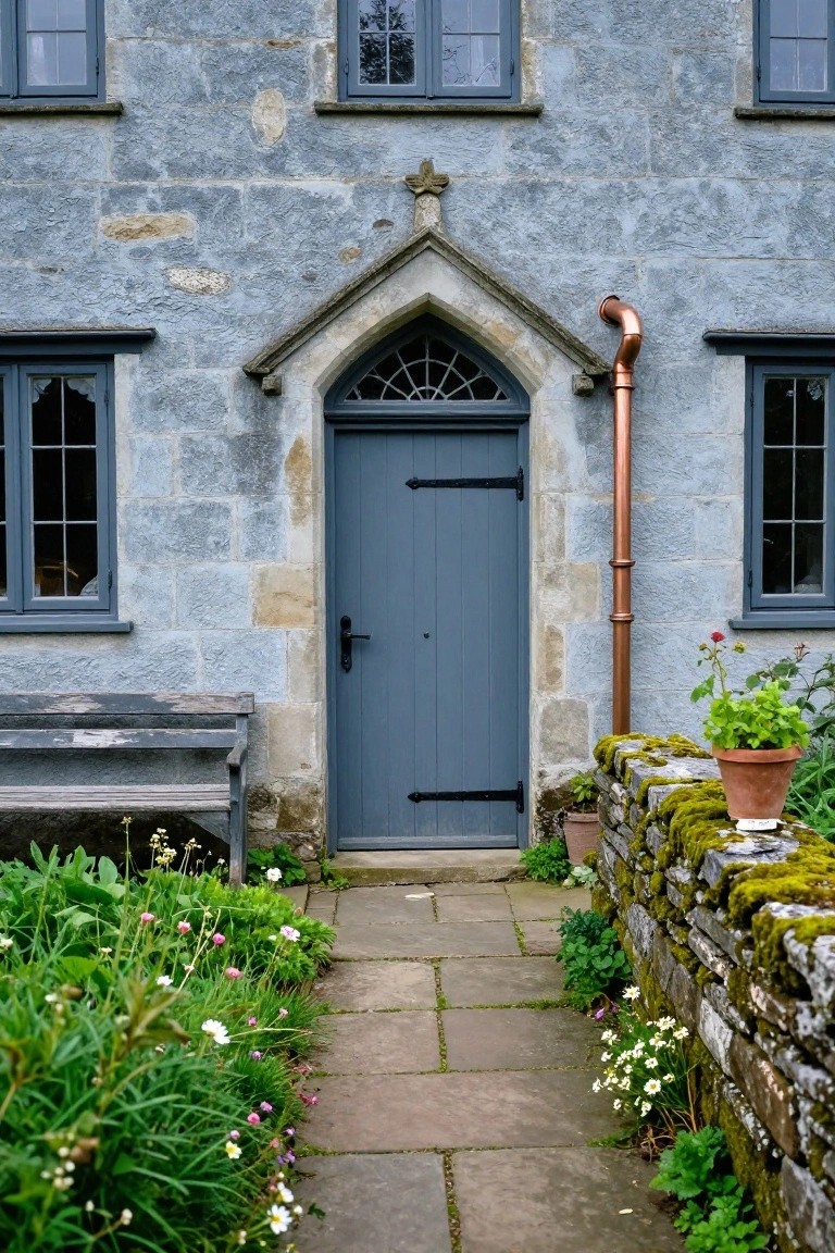 Navy Blue Door on Grey Stone Walls
