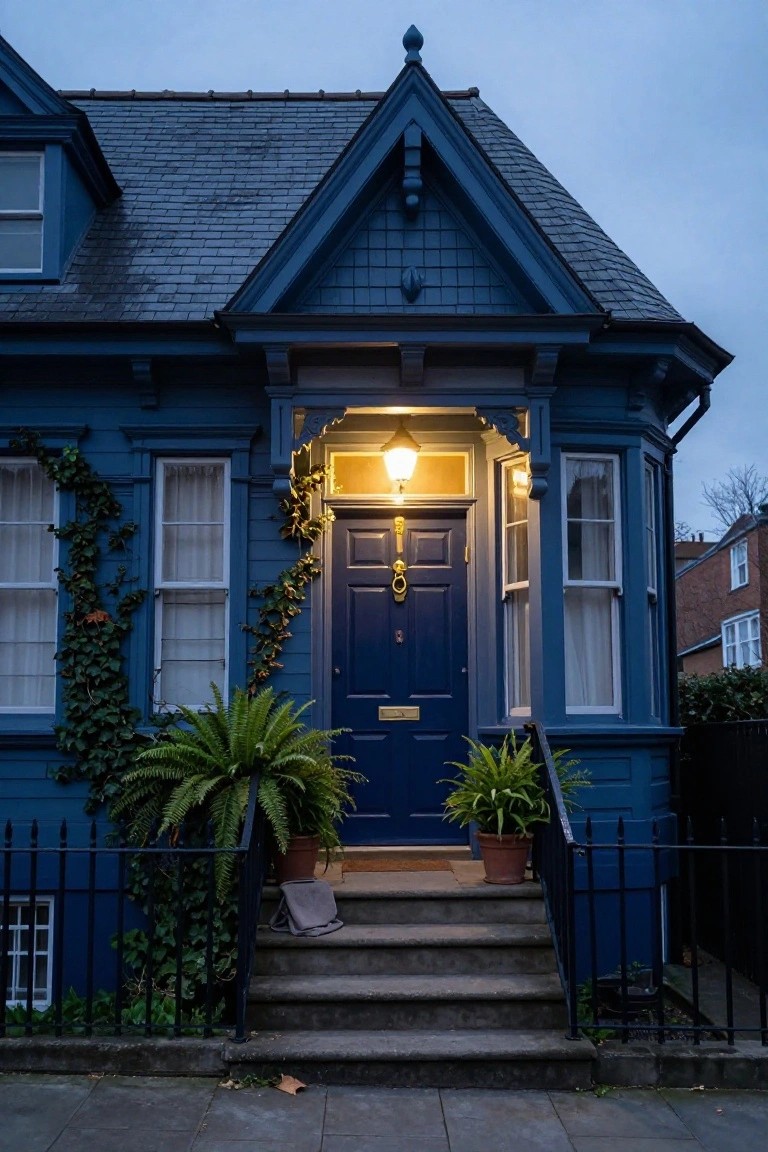 Dark blue Victorian-style house exterior at dusk with slate grey roof, lit porch lantern above navy blue front door with brass knocker, potted ferns on steps, ivy on walls, and black metal fence.
