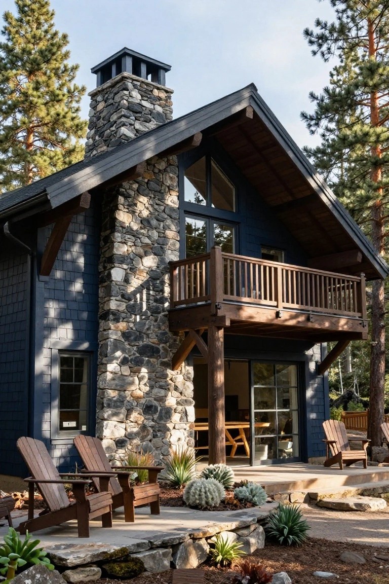 Two-story cabin house with dark blue wood siding, tall irregular stone chimney, wooden balcony and supports, large glass doors, Adirondack chairs on stone patio, surrounded by pine trees and succulent plants.