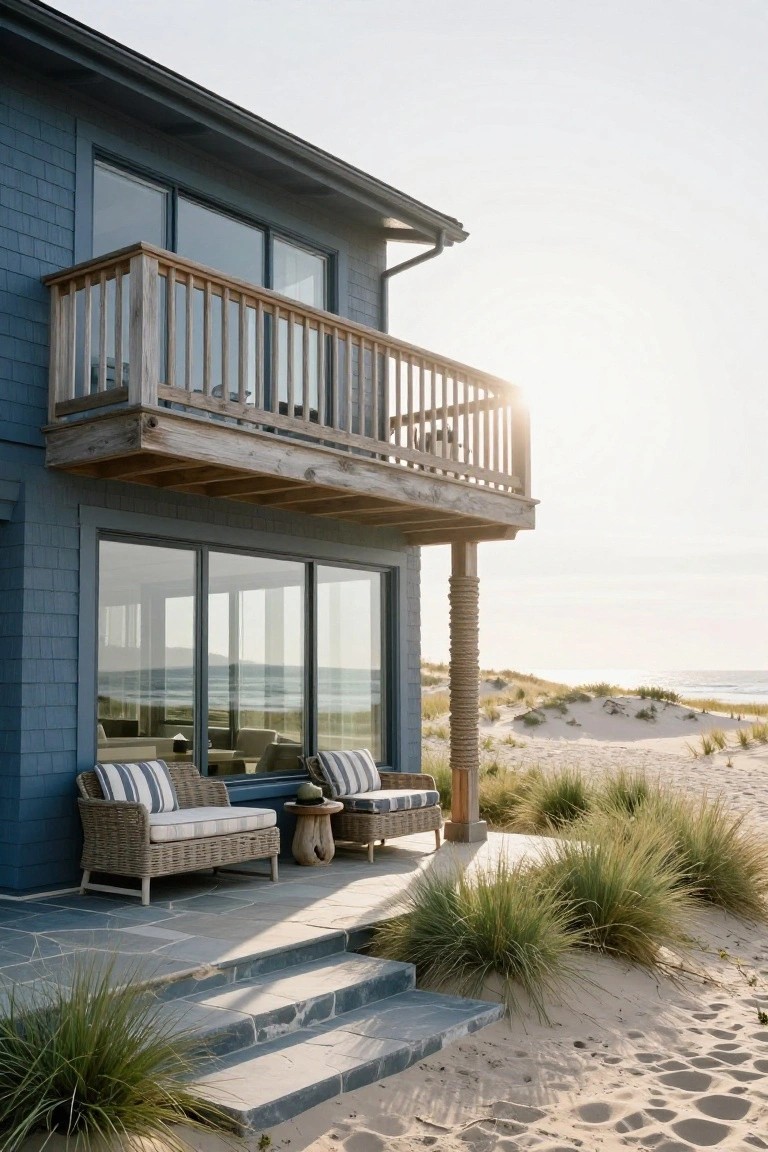 Blue shingled beach house exterior with wooden balcony above a grey stone patio and steps leading to sand dunes and ocean.