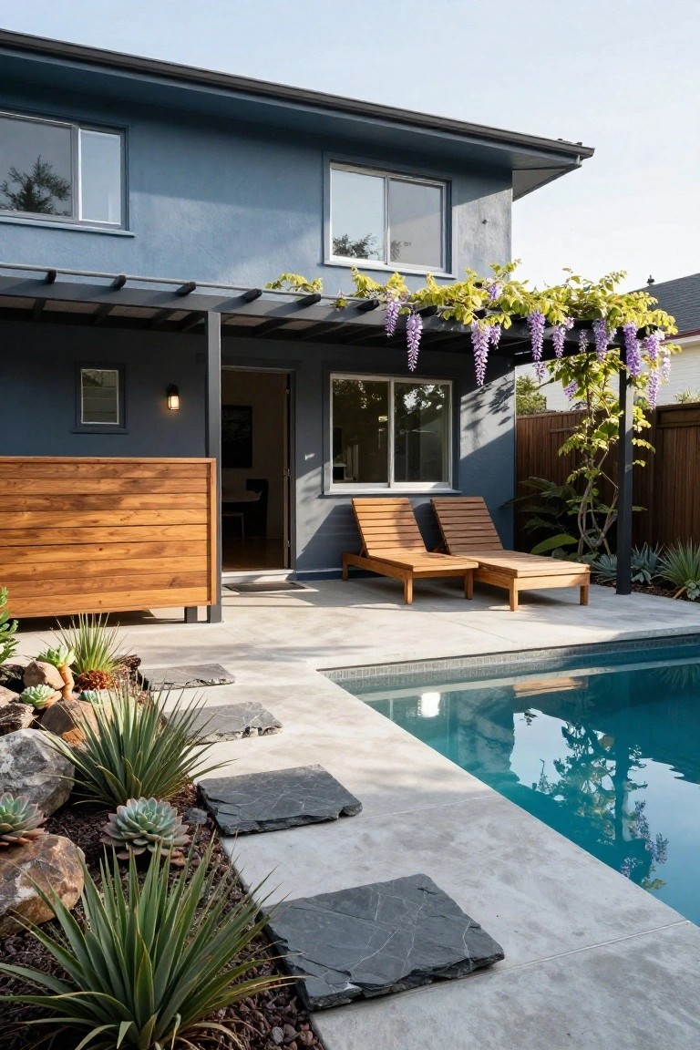 Back exterior of a two-story blue-gray stucco house with a wooden privacy screen, open door to patio, black metal pergola draped in purple wisteria, teak loungers on concrete deck beside turquoise pool edged with succulents, agaves, and stone stepping pads.