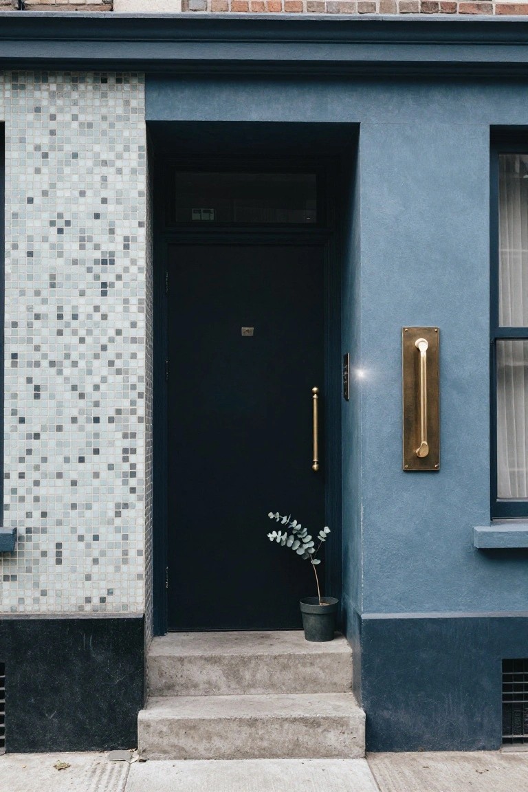 House exterior with deep blue painted walls, black front door, gray mosaic tile pillar beside the door, brass wall-mounted handle, potted eucalyptus plant next to the steps, and concrete entry stairs.