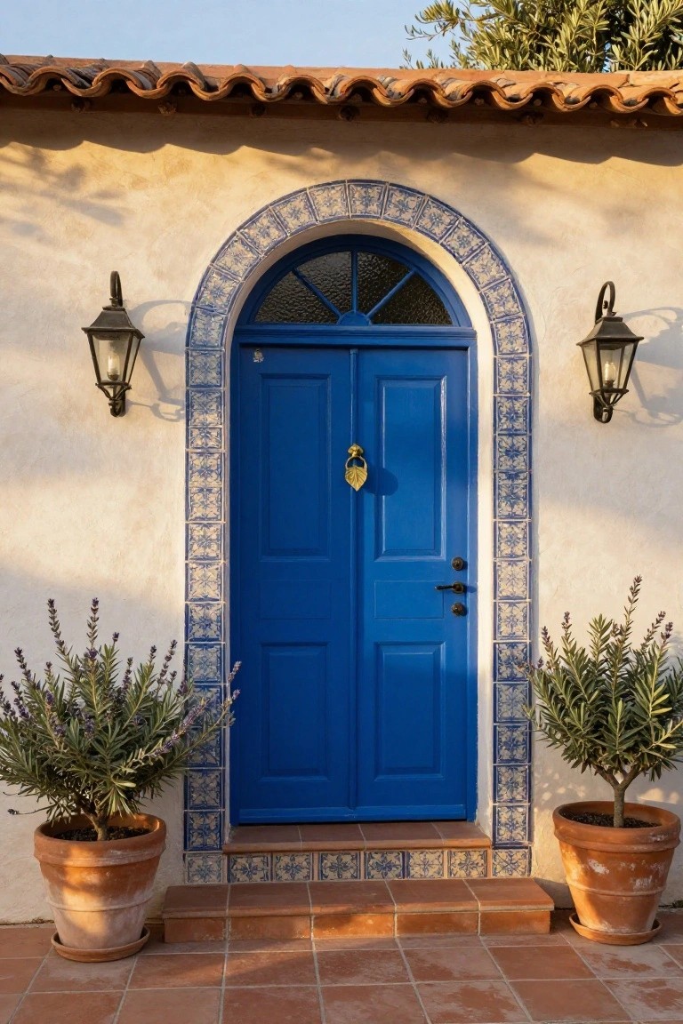 Bright blue double front door framed by blue and white patterned tiles on a beige stucco wall, with arched blue window above, lantern lights on sides, lavender and olive plants in terracotta pots, and terracotta tile steps.