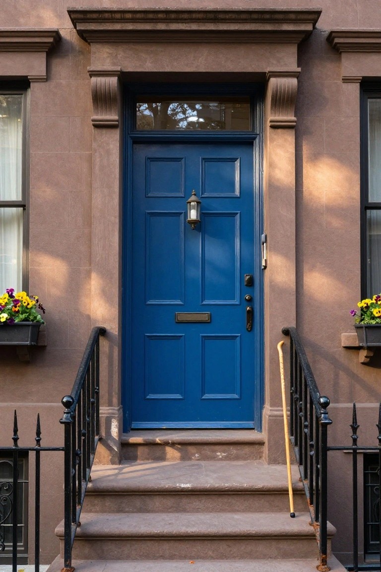 Brownstone house exterior featuring a vibrant blue paneled front door with glass top panel, flanked by windows with flower boxes, black wrought-iron railings on stone steps, and a wall lantern.