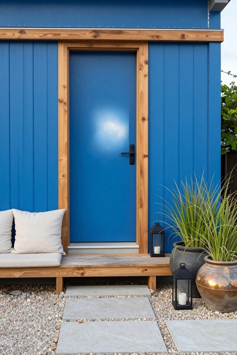 Blue vertical board-and-batten shed with matching blue front door in wooden frame, wooden bench with beige cushions to the side, black lanterns, potted grasses and plants, and stone paver path on gravel ground.