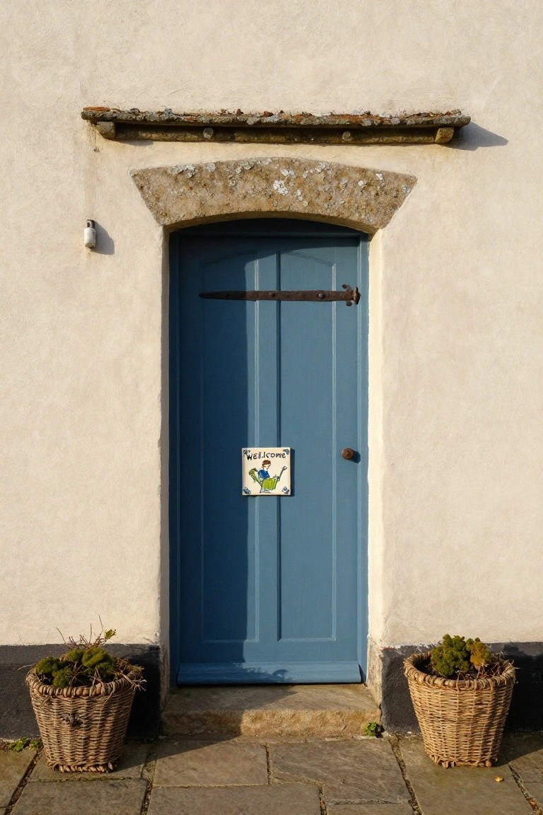 Navy blue wooden front door with iron strap hinges in a stone-arched opening on a whitewashed wall, featuring a ceramic welcome plaque with a watering can illustration and two wicker baskets of mossy plants flanking the stone doorstep.