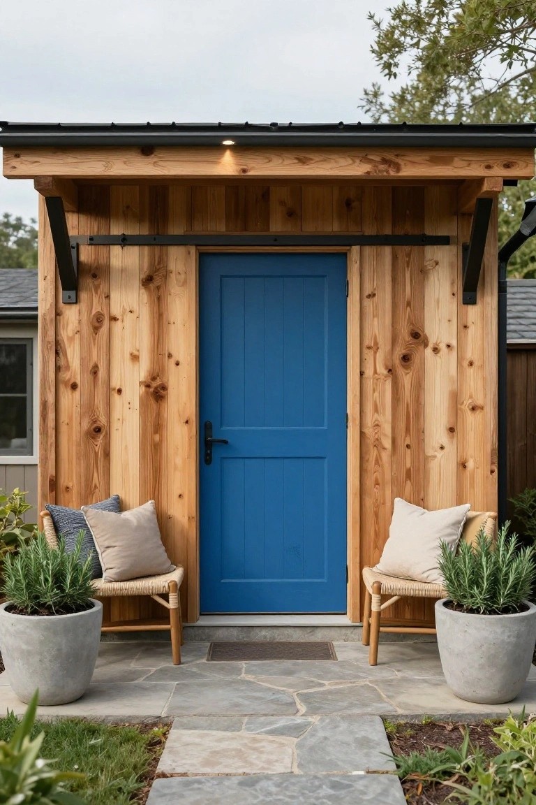 Small wooden shed with vertical cedar siding and a bright blue front door, flanked by two rattan chairs with pillows and potted rosemary plants on a stone pathway.