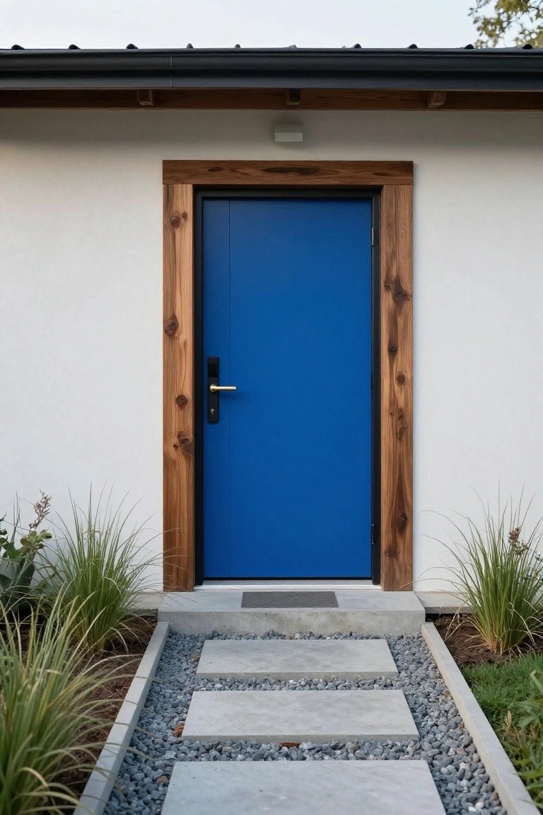 Bright blue door framed in wood, flanked by plants and stone pathway.