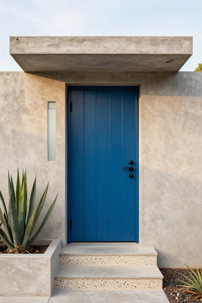 Close-up view of a modern house entrance featuring a vertical-paneled blue front door with black hardware, set in beige stucco walls under a concrete overhang, with concrete steps, an agave plant in a planter, and gravel ground.
