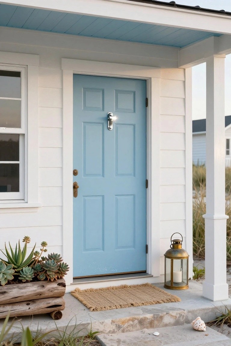 White clapboard house with light blue six-panel front door, brass knocker and knob, hanging lantern, potted succulents in wooden trough, seagrass, and shells on concrete steps under a porch.