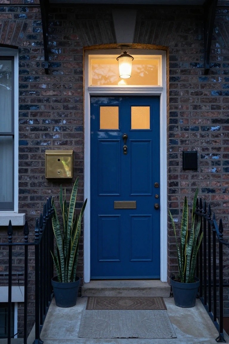 Deep blue front door on a brick townhouse facade with brass letterbox, flanked by two potted snake plants, black wrought iron railing, and illuminated lantern light above.
