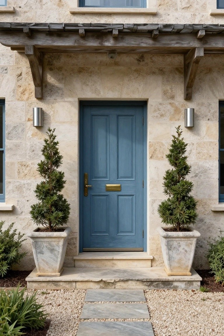 A deep blue paneled front door centered on a beige limestone house facade under a wooden pergola, flanked by two potted spiral topiary trees in stone urns, with wall-mounted lights, slate steps, and gravel path.