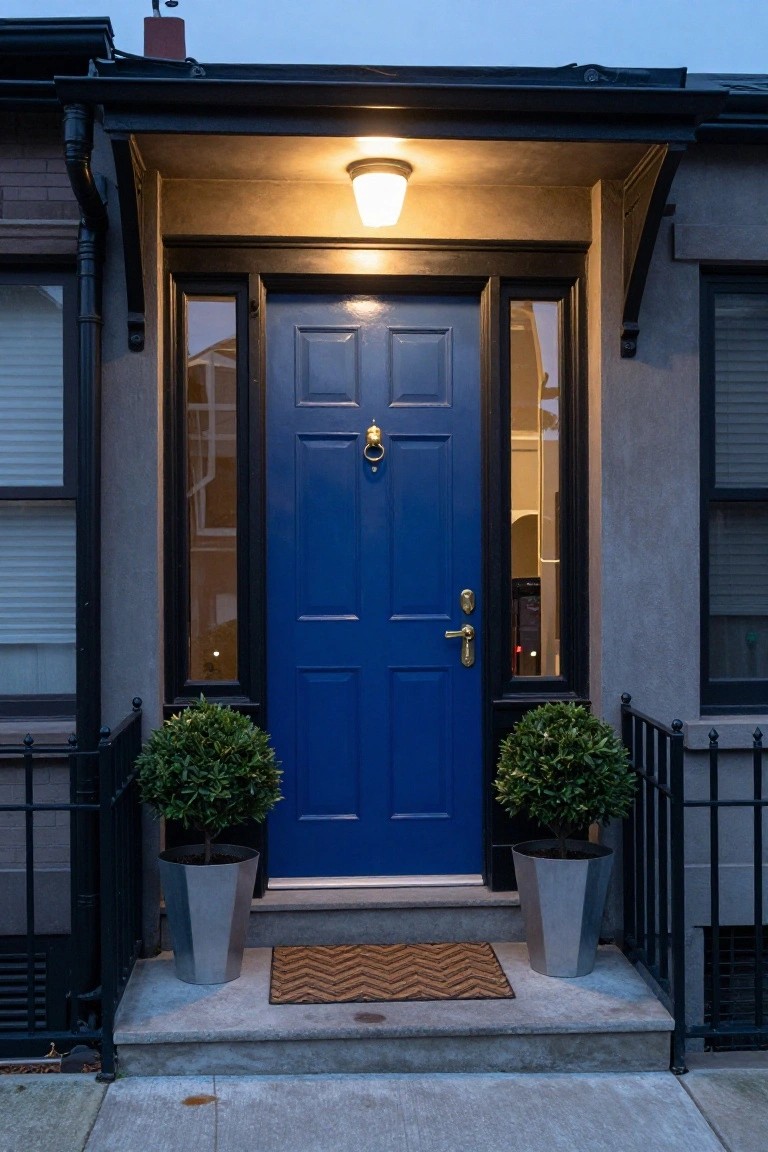 Deep blue paneled front door centered under a lit porch on a stucco house exterior with black window frames, flanked by silver metal planters holding trimmed boxwood shrubs, at dusk.