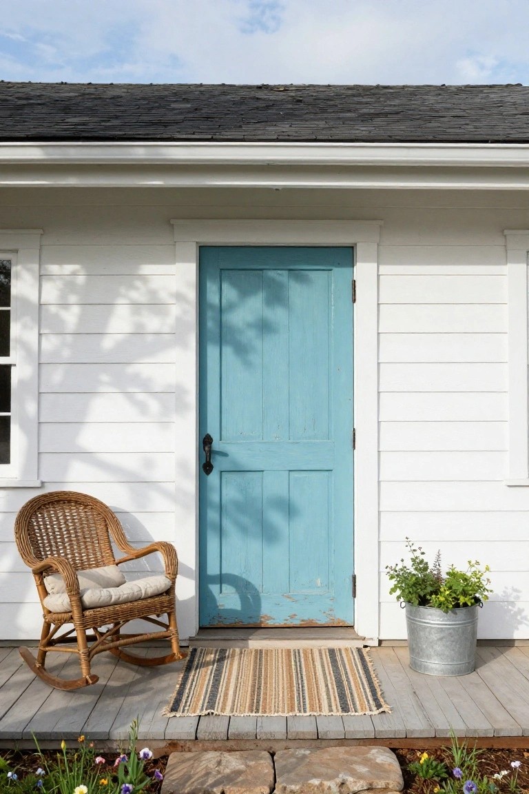 White clapboard shed with turquoise blue front door, wicker rocking chair on wooden porch, striped doormat, metal bucket planter with herbs, and flower beds with stone steps in front.