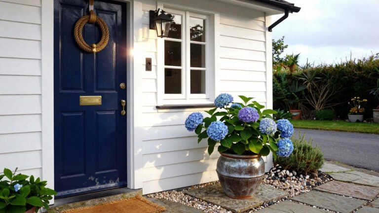 White clapboard building exterior featuring a navy blue front door with gold knocker and letterbox, flanked by two blue hydrangea plants in terracotta pots, black lantern light fixture, seagrass doormat, and stone steps with gravel.