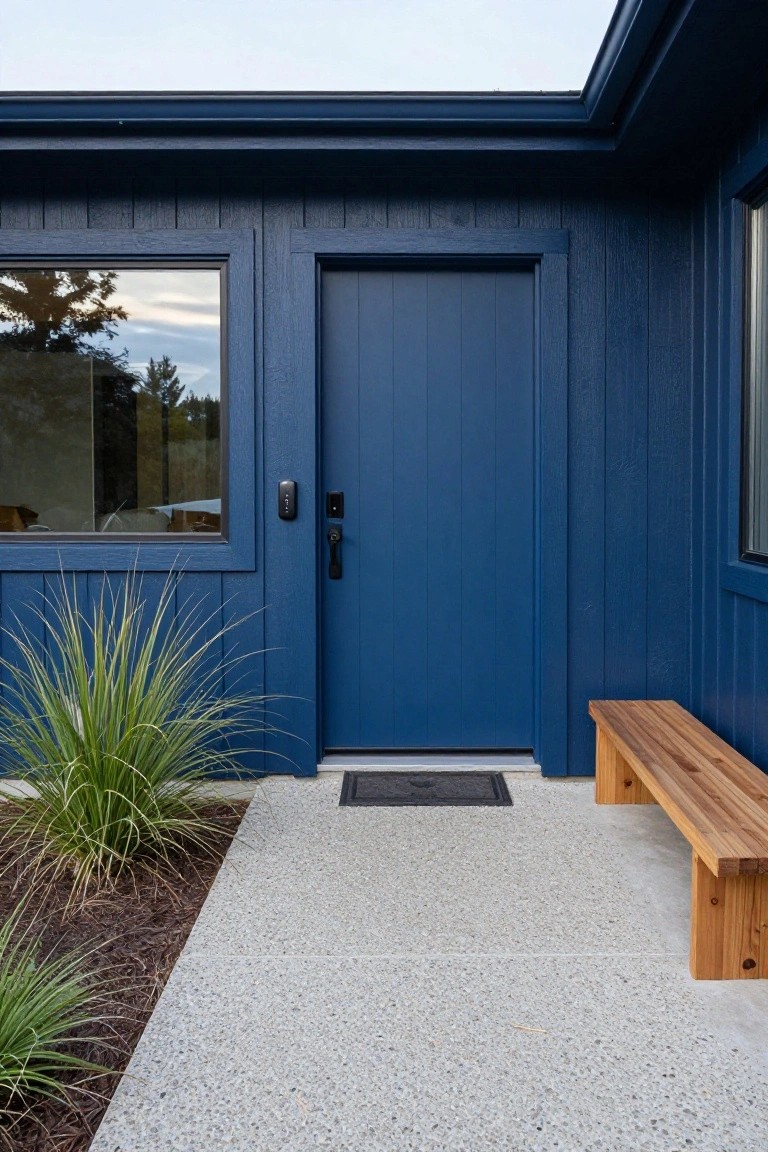 Navy blue front door and matching board-and-batten siding on a house exterior, with a wooden bench, doormat, grasses, and concrete path at the entry.