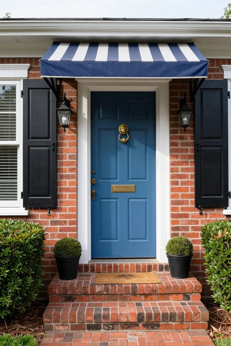 Brick house exterior featuring a navy blue front door with lion head knocker, gold letterbox, black shutters on side windows, blue and white striped awning above, wall lanterns, and black pots with clipped shrubs on brick steps.