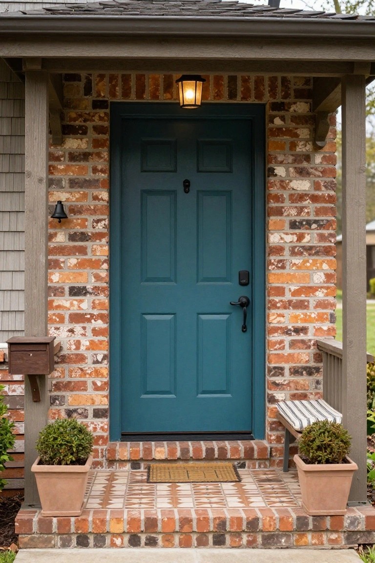 Navy blue front door on a brick house exterior with wooden porch supports, lantern light, doorbell, potted shrubs on either side of brick steps, and a bench to the right.