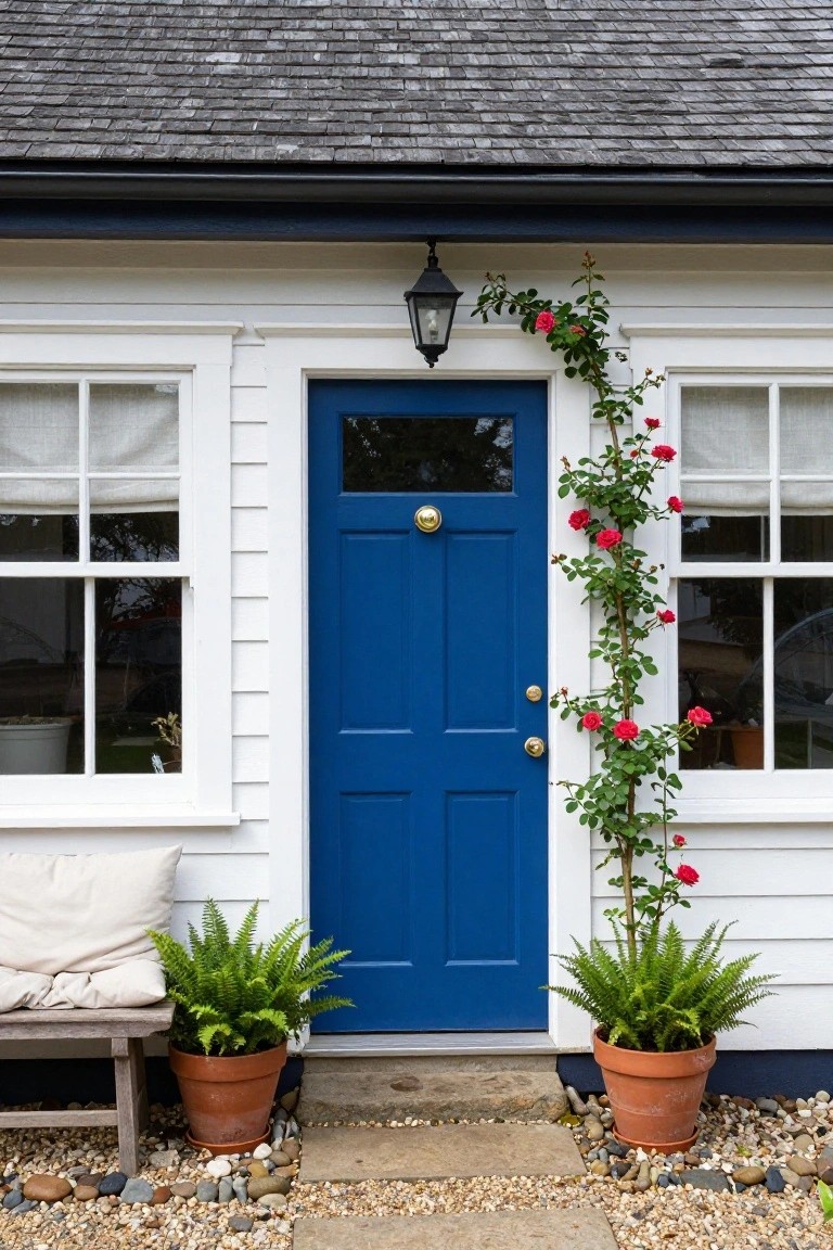 White clapboard house exterior featuring a navy blue front door, climbing red roses along the right side, potted ferns flanking the entry steps, wooden bench, wall lantern, and gravel path.