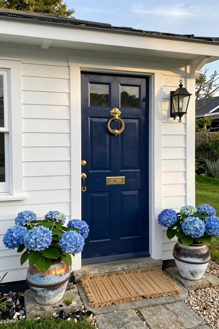 White clapboard building exterior featuring a navy blue front door with gold knocker and letterbox, flanked by two blue hydrangea plants in terracotta pots, black lantern light fixture, seagrass doormat, and stone steps with gravel.