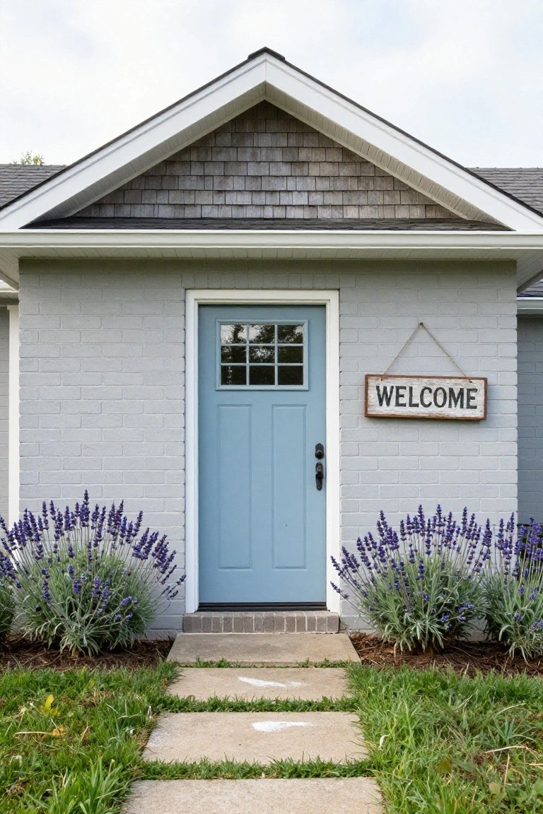 Light gray shingle-style house exterior featuring a soft blue front door with nine-pane window, flanked by lavender bushes, a wooden "Welcome" sign, and a concrete pathway.