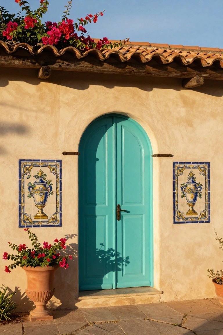 Beige adobe house facade with a turquoise blue arched double door flanked by blue and gold tile panels depicting vases, terracotta tile roof, bougainvillea vines, and potted plants on a tiled entry step.