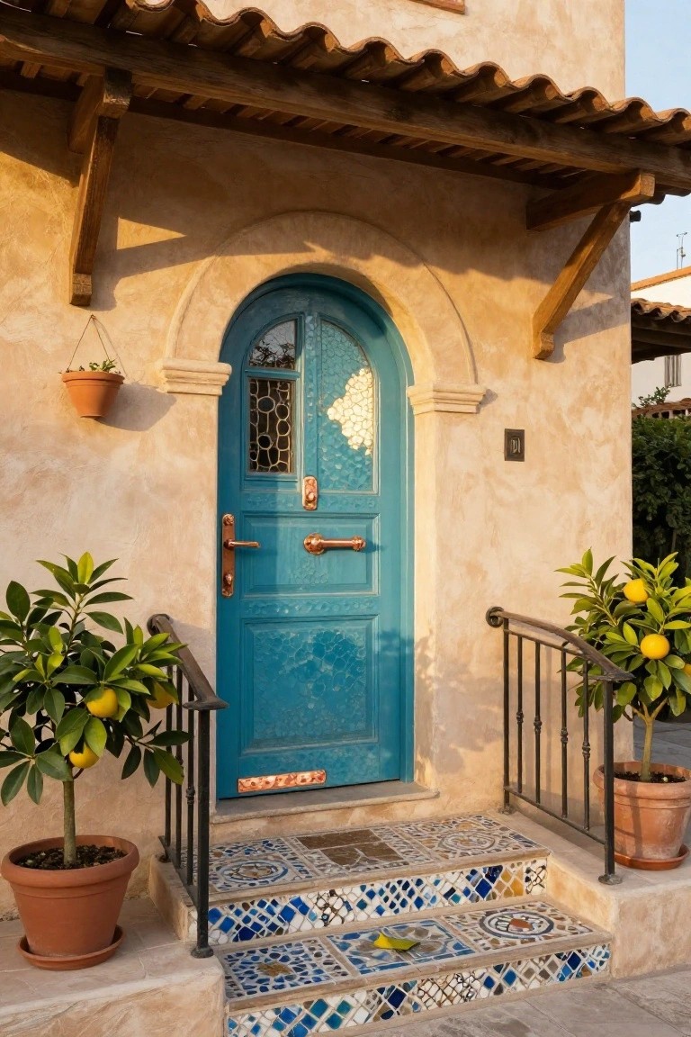 Turquoise arched front door with textured blue glass and copper hardware on beige stucco house exterior, flanked by potted lemon trees, iron railing, colorful mosaic tiled steps, and wooden pergola.