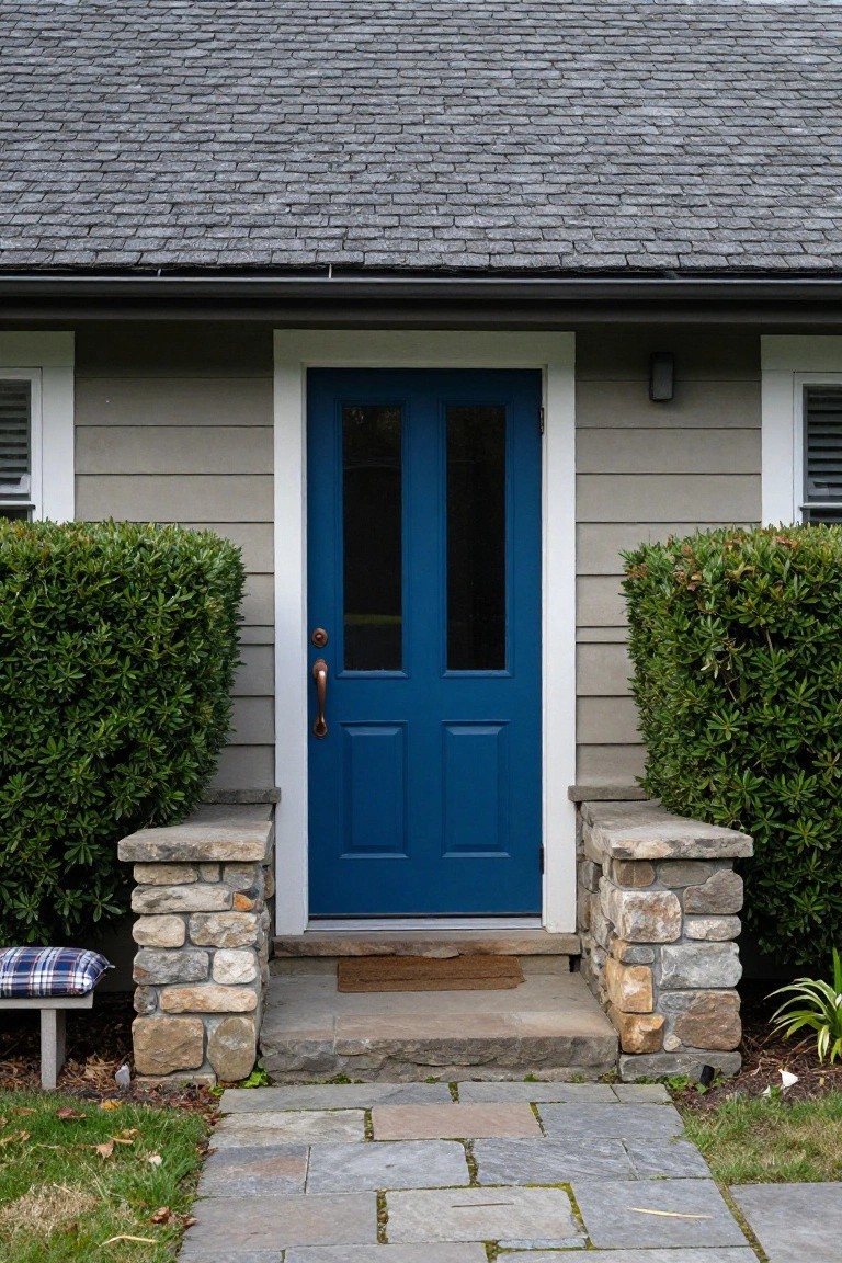 Gray shingle-style house exterior featuring a bright blue double front door with glass panels, flanked by boxwood shrubs and stone pillars on a small stoop with slate steps leading to a pathway.