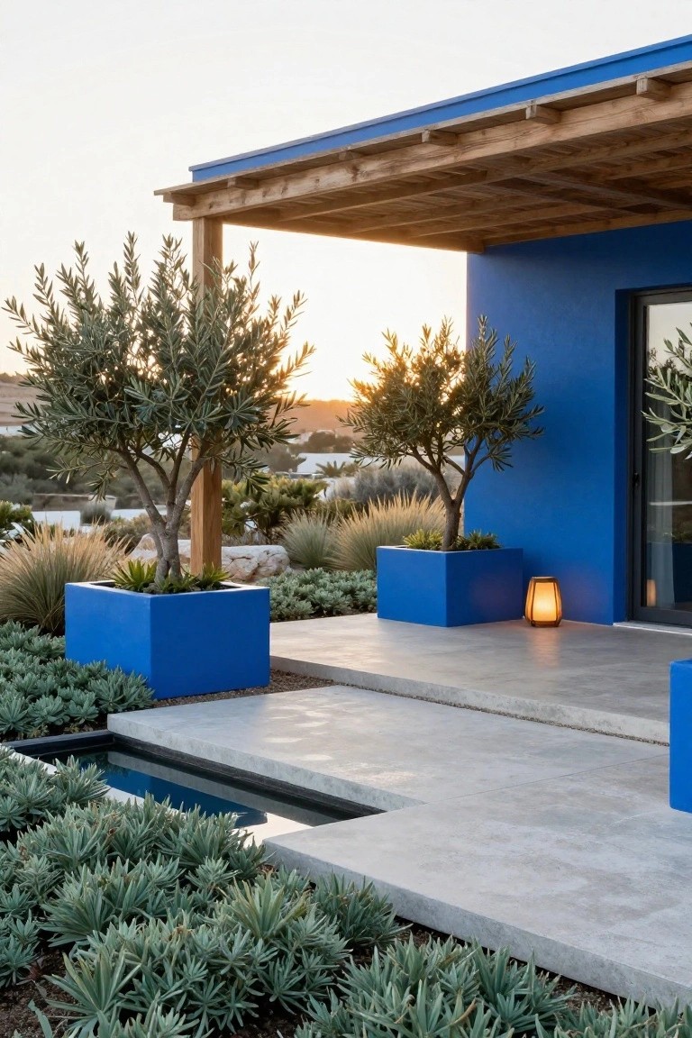 Modern blue house exterior with wooden pergola over concrete terrace, two olive trees in large blue cube planters, linear reflecting pool edged in succulents, and distant hillside at sunset.