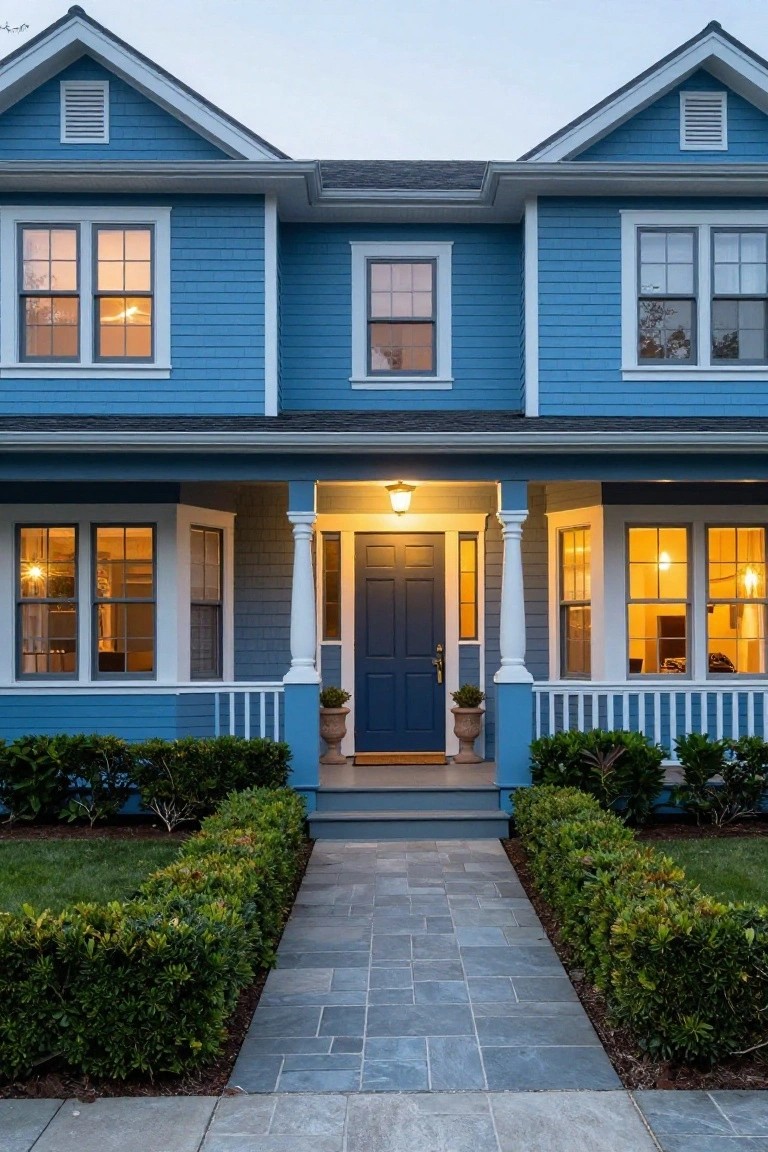 Blue clapboard house exterior at dusk with lit windows, a covered front porch supported by white columns, navy blue front door, slate stone pathway flanked by low boxwood hedges, and potted plants on the steps.