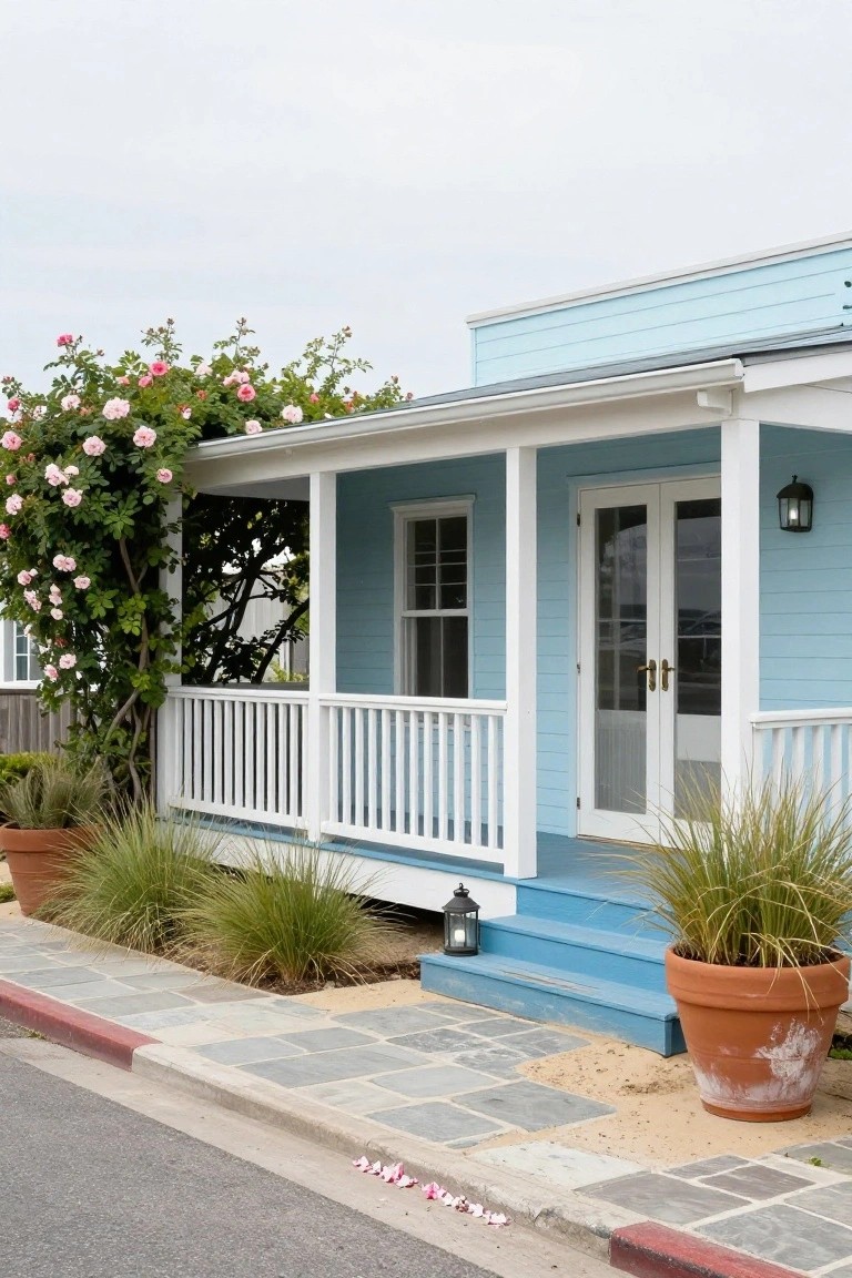 Light blue clapboard house with white porch, railings draped in pink climbing roses, potted grasses nearby, lanterns on blue steps, and a stone walkway.