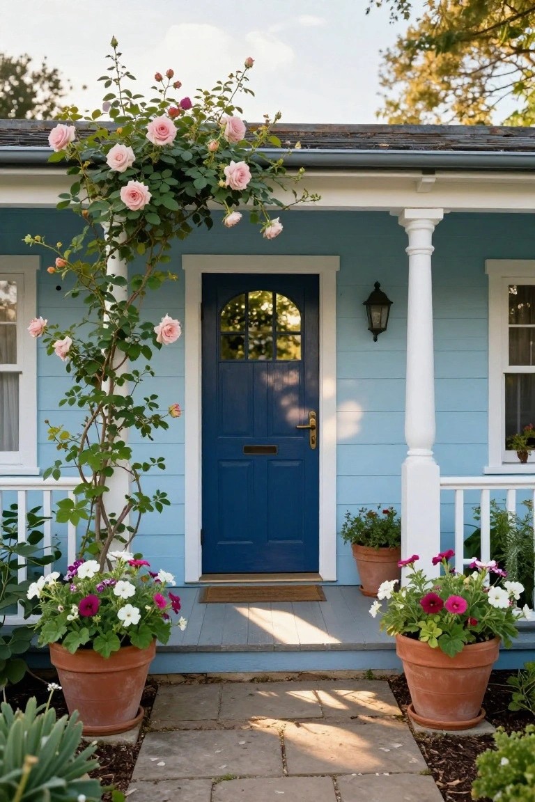 Light blue clapboard house with white porch featuring columns draped in pink climbing roses, a dark blue front door with round window, lantern light, and large terracotta pots of pink and white flowers flanking the steps on a stone path.