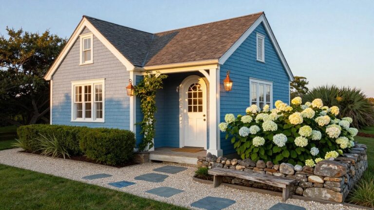 Small light blue shingle-style cottage with white trim, covered front porch, and white door, bordered by boxwood shrubs and massed hydrangeas in blue, white, and green tones, wooden bench on stone retaining wall next to porch, and bluestone paver path through gravel leading to entry.