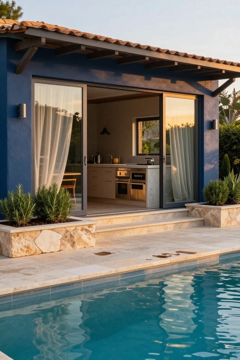 Blue stucco house exterior with open sliding glass doors to a kitchen, rosemary plants in matching stone planters flanking beige stone steps down to an infinity-edge pool deck surrounded by tile paving.