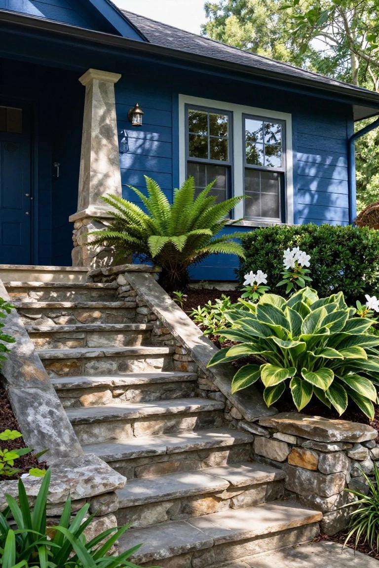 Blue clapboard house with navy front door accessed by irregular flagstone steps flanked by hostas, ferns, rhododendrons, and stone retaining walls.