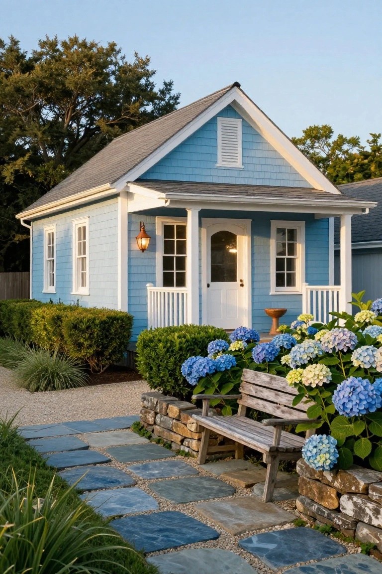 Small light blue shingle-style cottage with white trim, covered front porch, and white door, bordered by boxwood shrubs and massed hydrangeas in blue, white, and green tones, wooden bench on stone retaining wall next to porch, and bluestone paver path through gravel leading to entry.