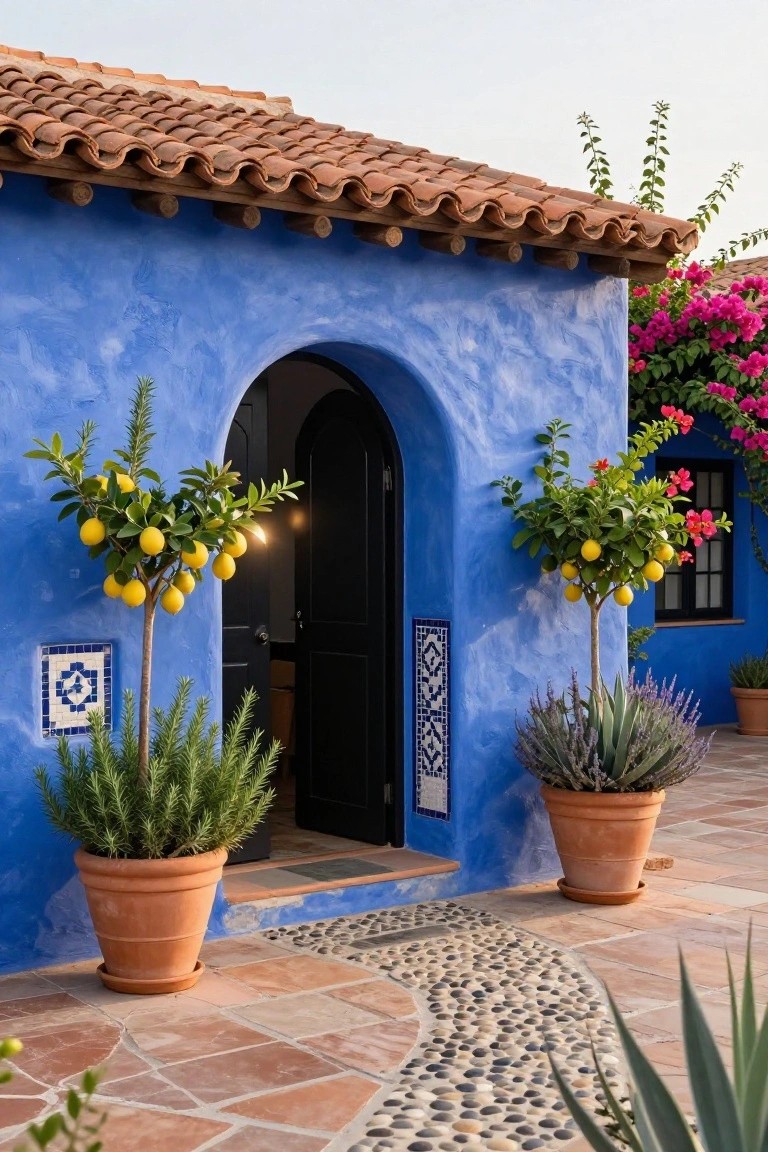 Blue stucco house exterior featuring a black arched front door flanked by two potted lemon trees with yellow fruit, plus potted rosemary, agave, and lavender plants along a terracotta tile step and pebble path.