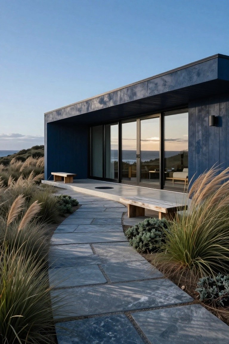 Modern house with dark blue vertical cladding and large glass sliding doors, wooden bench on concrete deck, curved gray slate tile pathway lined with tall ornamental grasses and low shrubs, coastal landscape with ocean view in background.