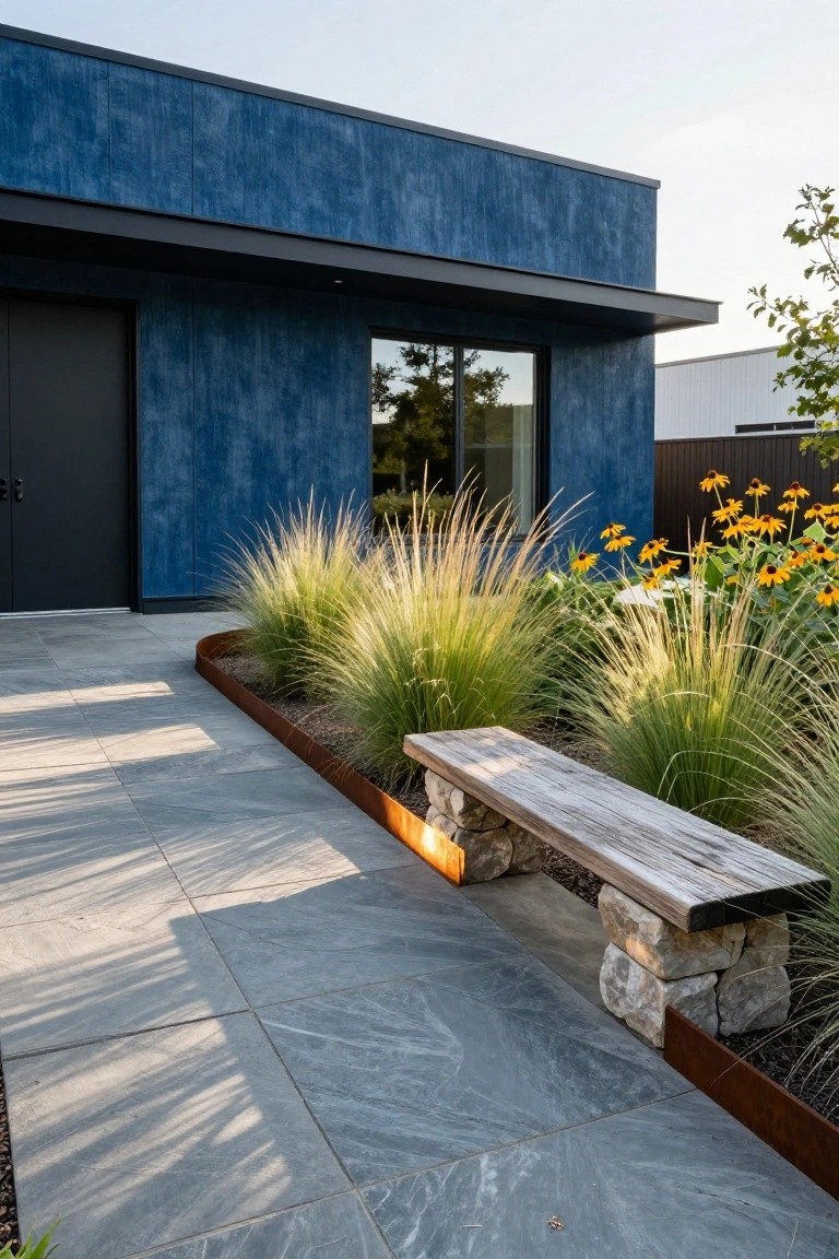 Modern blue house exterior with dark entry door and large window, next to a gray stone paver path edged by rusted metal borders containing tall ornamental grasses, yellow black-eyed Susan flowers, and a weathered wooden bench on stone supports.