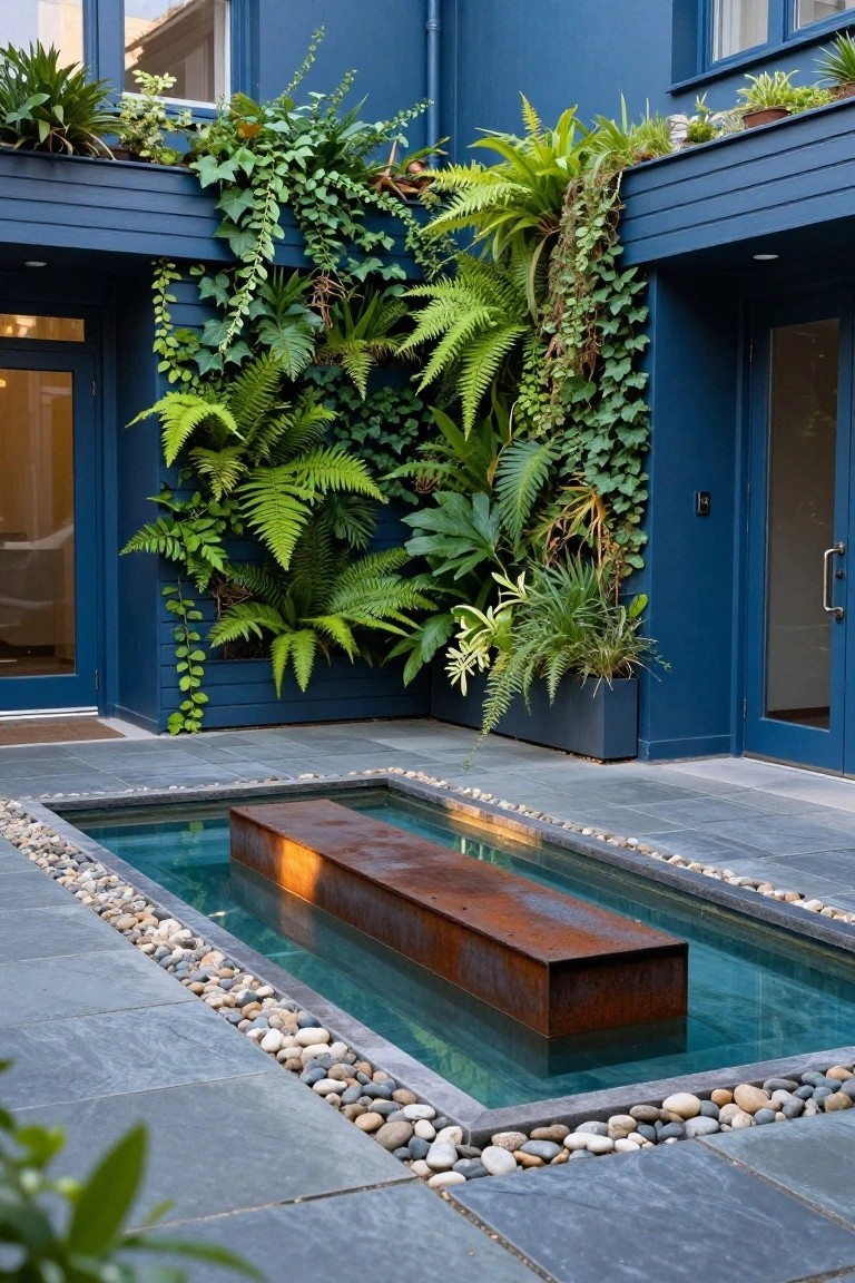 Corner of a dark blue house exterior covered in dense vertical ferns, ivies, and tropical plants, with glass doors, a rectangular pool containing a rusted metal bench, pebble borders, and slate tile paving.
