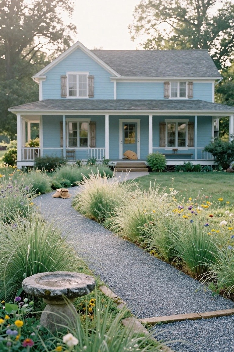 Light blue house with white porch railings and dark shutters, approached by a curving gravel path lined with tall ornamental grasses, wildflowers, and a stone birdbath.