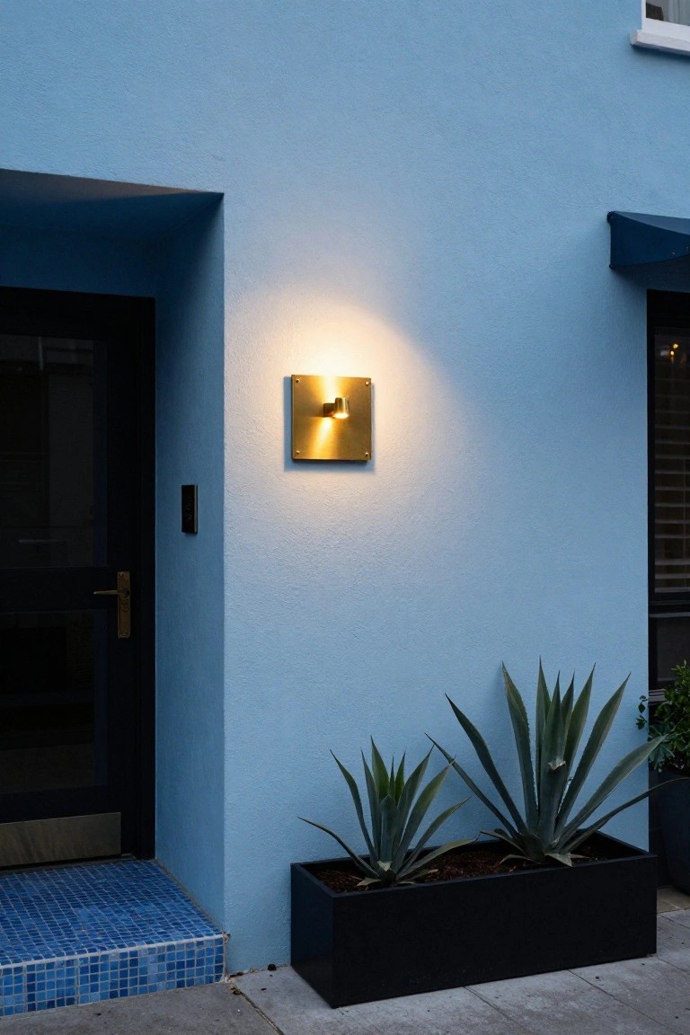 Blue painted house exterior featuring a black front door, square gold-toned wall-mounted light fixture beside the door, black rectangular planter with agave plants, and blue mosaic tiled entry steps on a concrete path.