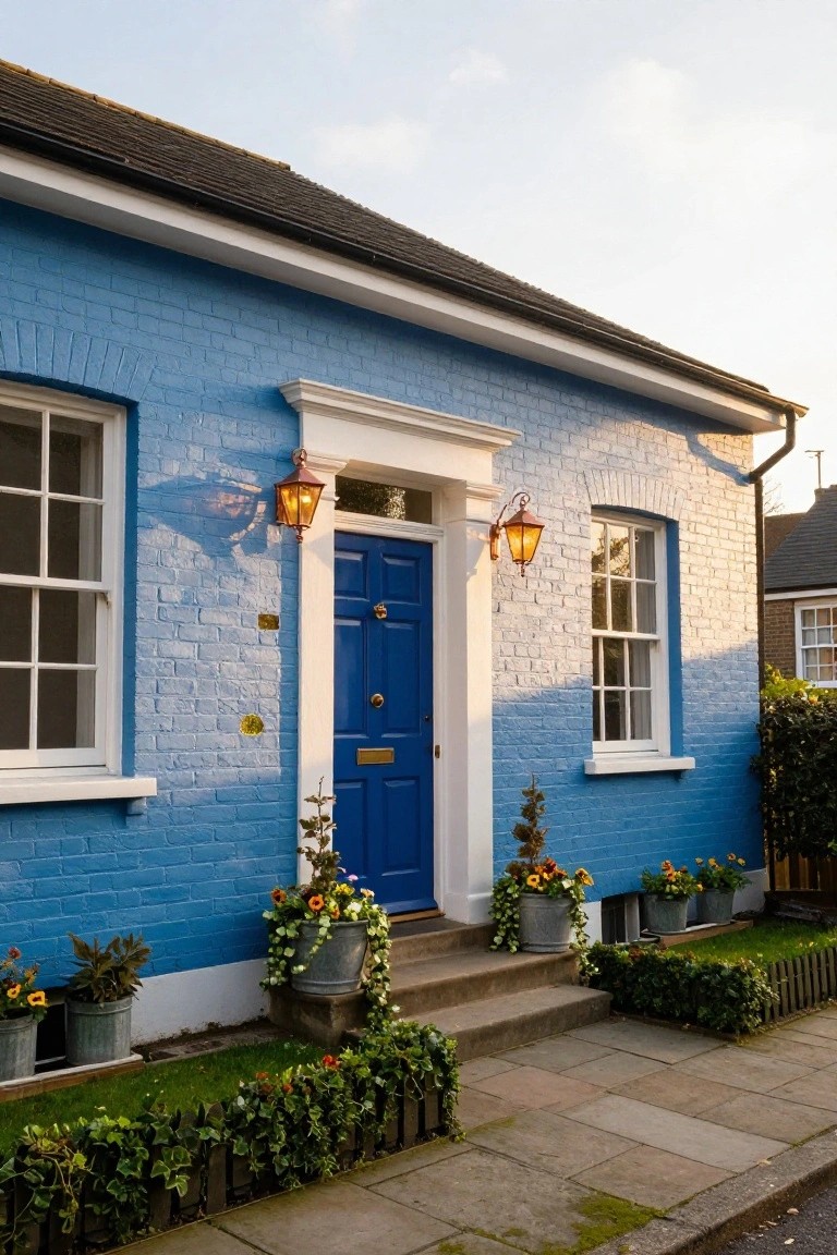 Blue painted brick house exterior with a centered blue front door, flanked by copper lanterns, white window frames, potted flowers on steps, and low ivy borders along the path.