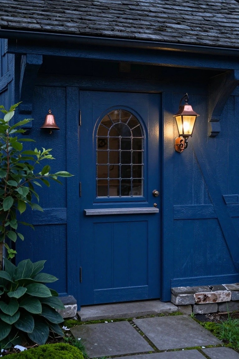 Blue wooden front door with arched window and brass knocker on a dark blue house exterior, lit by two copper lanterns, with plants and stone path nearby.