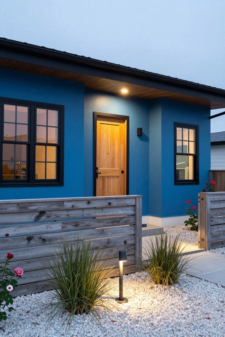Blue painted house exterior featuring a wooden front door, black-framed windows, wooden slat fence, gravel pathway with a black bollard light, ornamental grasses, and pink roses.