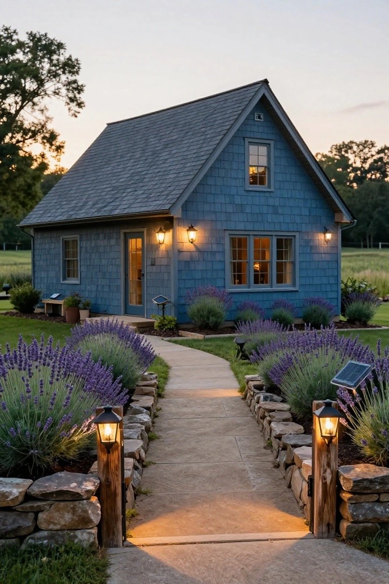 Blue shingled house at dusk with flagstone pathway flanked by lavender bushes, stone walls, and wooden post lanterns leading to the glass entry door.