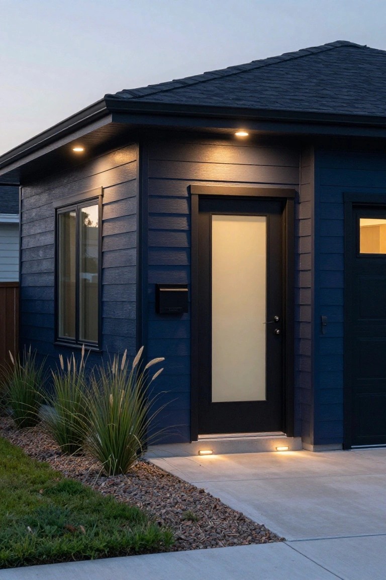 Corner view of a dark blue wood-sided house at dusk featuring a frosted glass entry door, window, garage door, recessed soffit light above the door, pathway lights near the concrete approach, and ornamental grasses with gravel mulch along the base.